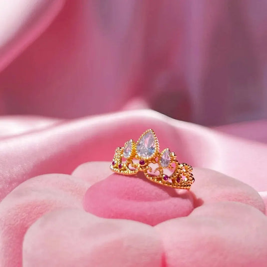 Anillo Corona Rapunzel - Joyería Princesa de Moda para Mujer y Niña, Anillo Ajustable Baño de Oro, Accesorios de Boda, Regalo para Ella